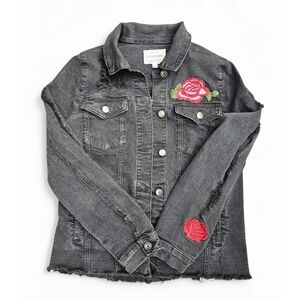 Premium Denim Hammer Jean Jacket With Rose And Tiger Embroidery.